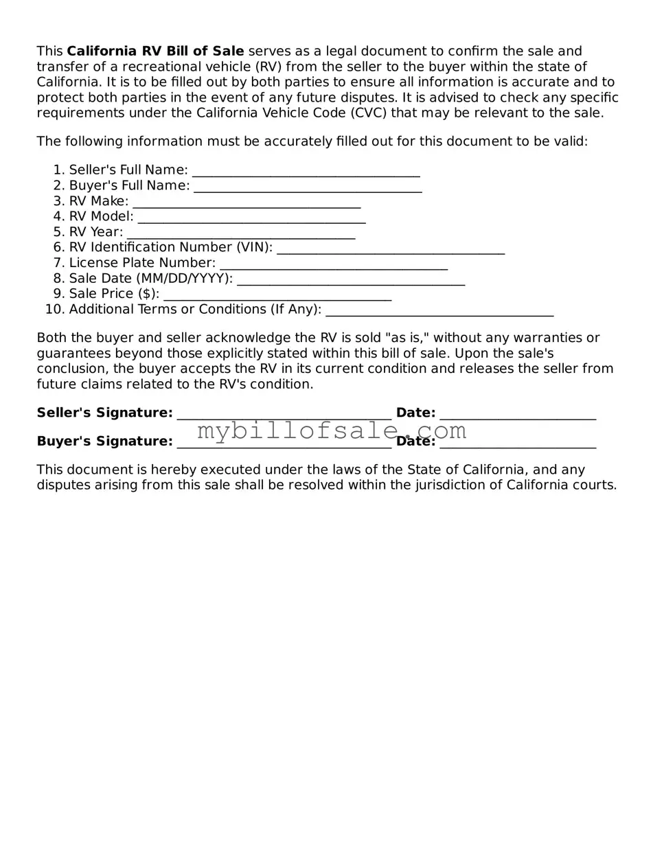 Official California RV Bill of Sale Template