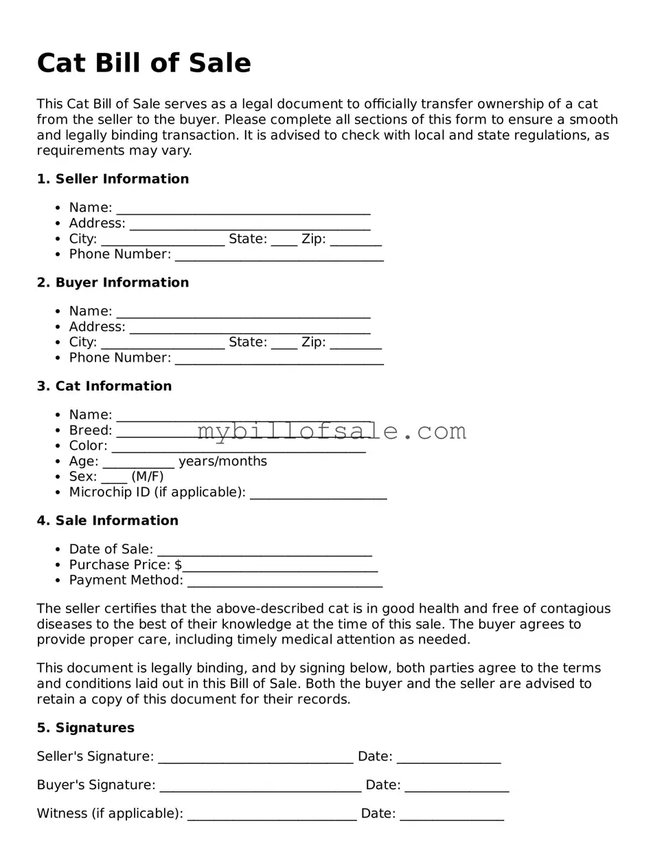 Blank Cat Bill of Sale Form