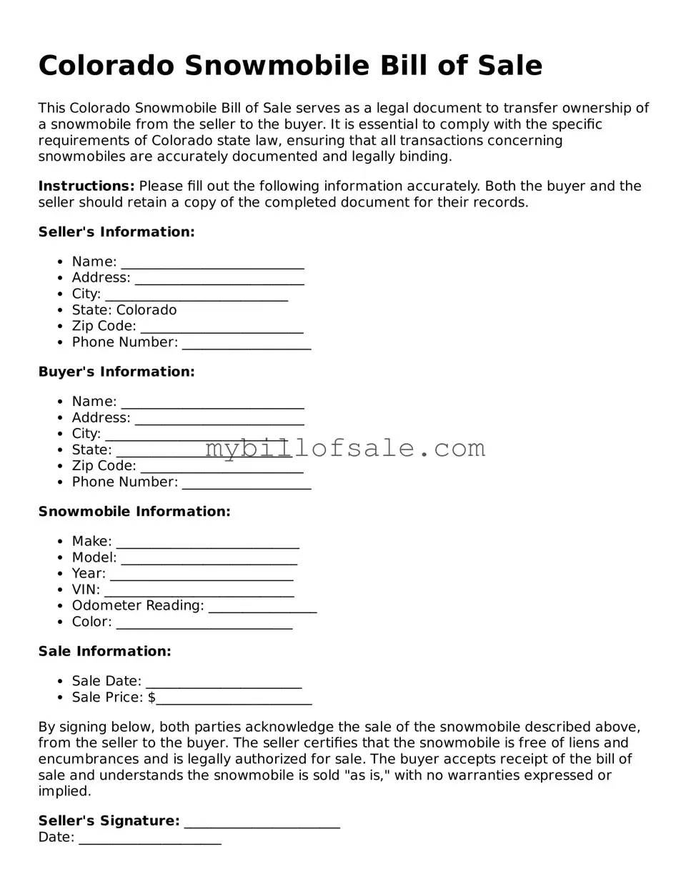 Official Colorado Snowmobile Bill of Sale Template