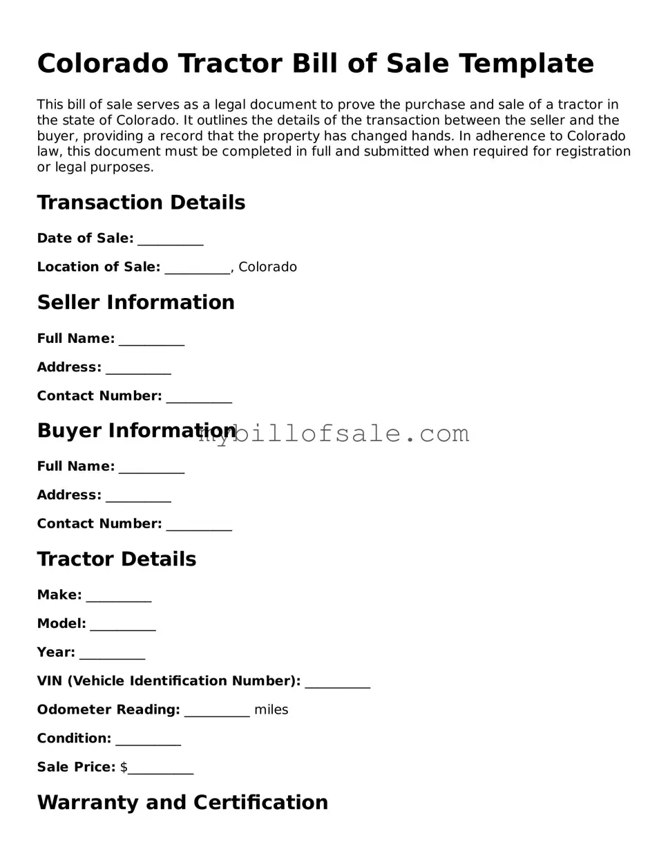 Official Colorado Tractor Bill of Sale Template