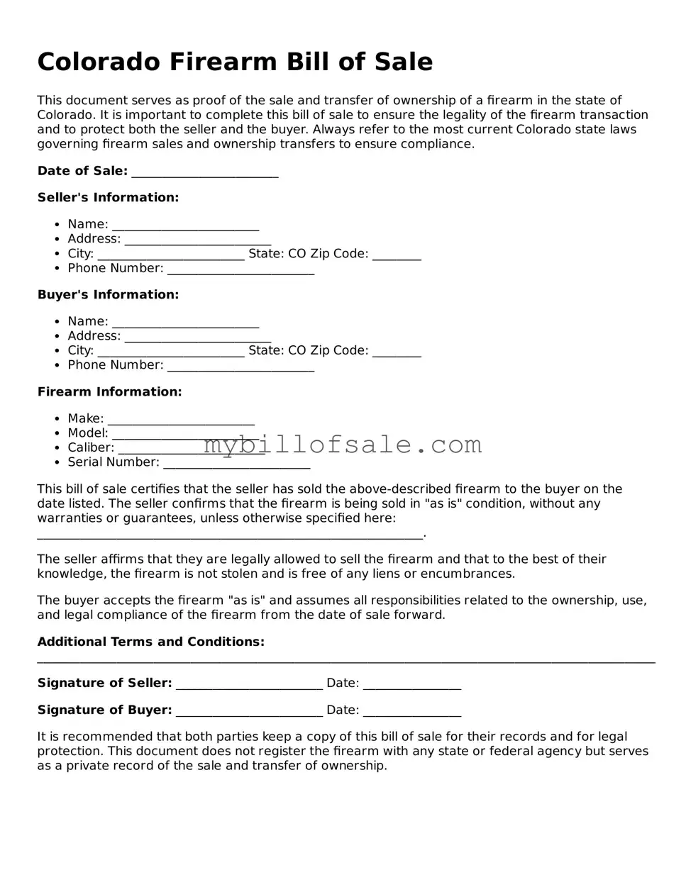 Official Colorado Firearm Bill of Sale Template