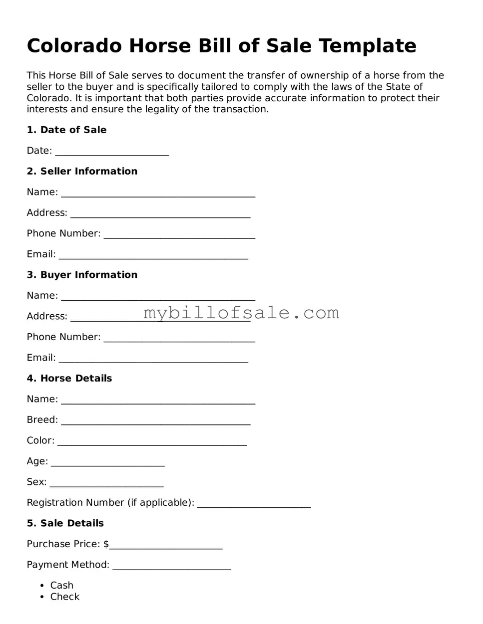Official Colorado Horse Bill of Sale Template
