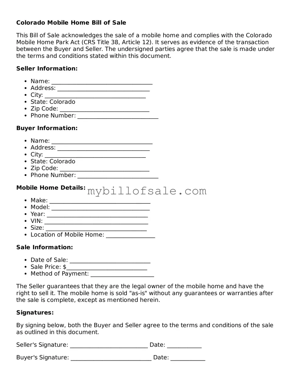 Official Colorado Mobile Home Bill of Sale Template