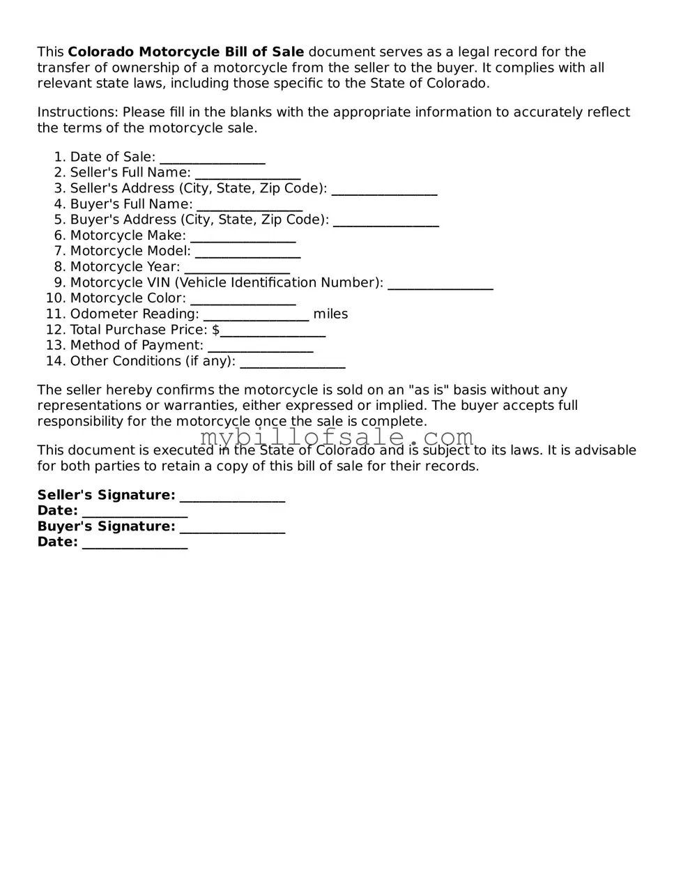 Official Colorado Motorcycle Bill of Sale Template