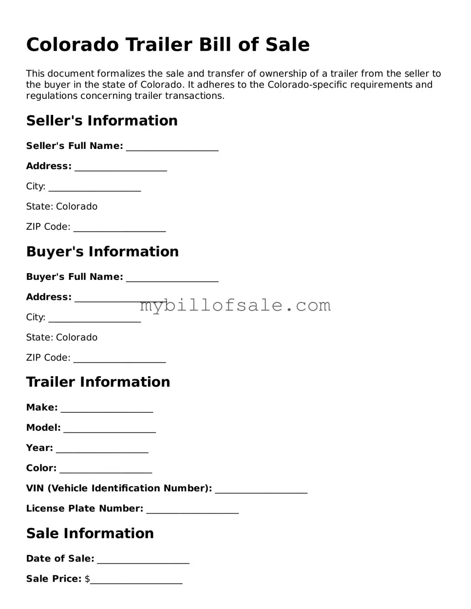 Official Colorado Trailer Bill of Sale Template