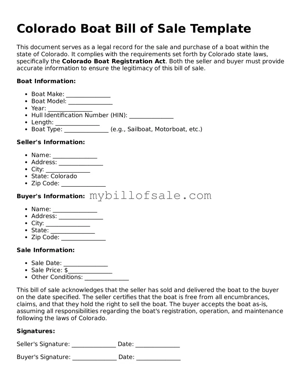 Official Colorado Boat Bill of Sale Template
