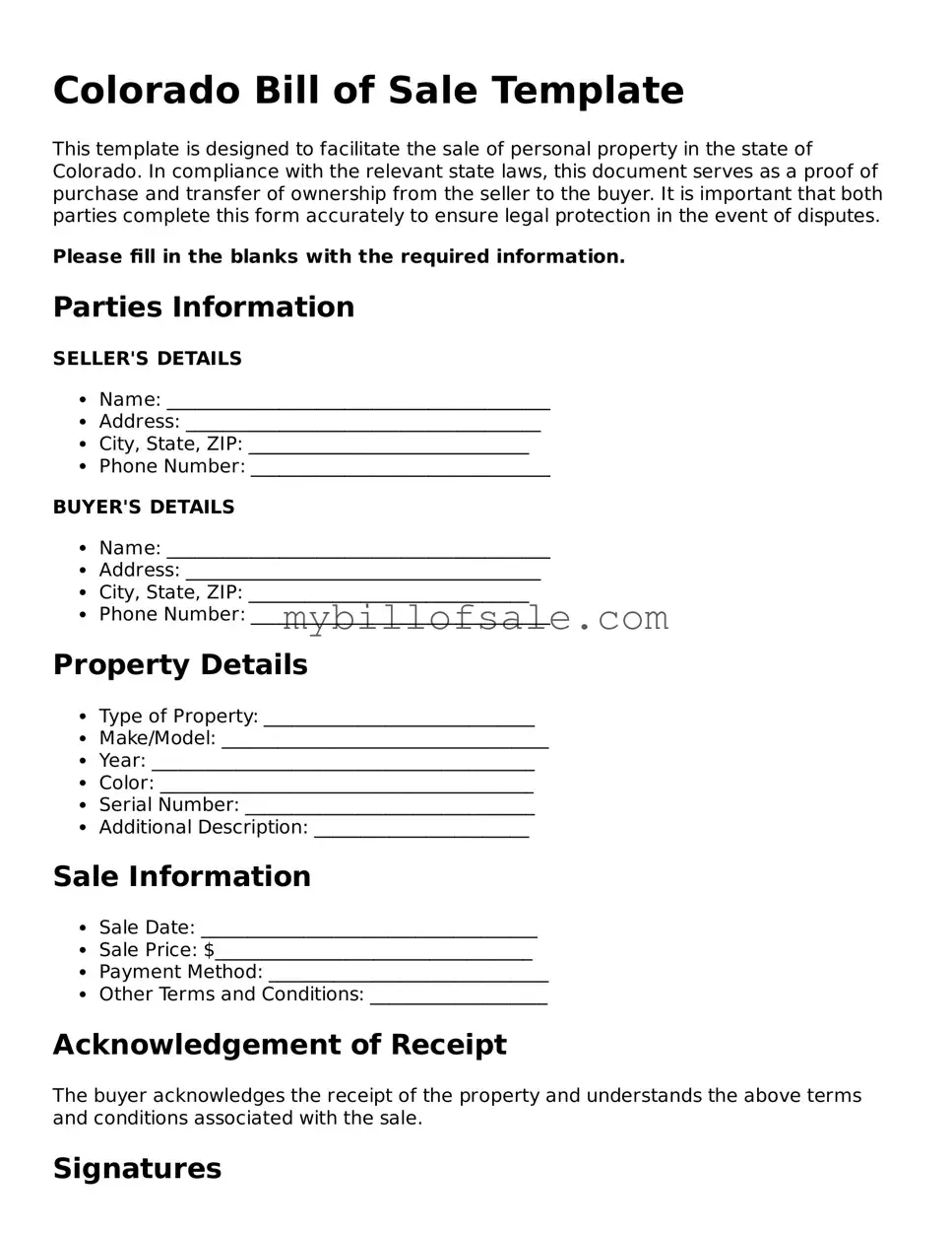 Official Colorado Bill of Sale Template
