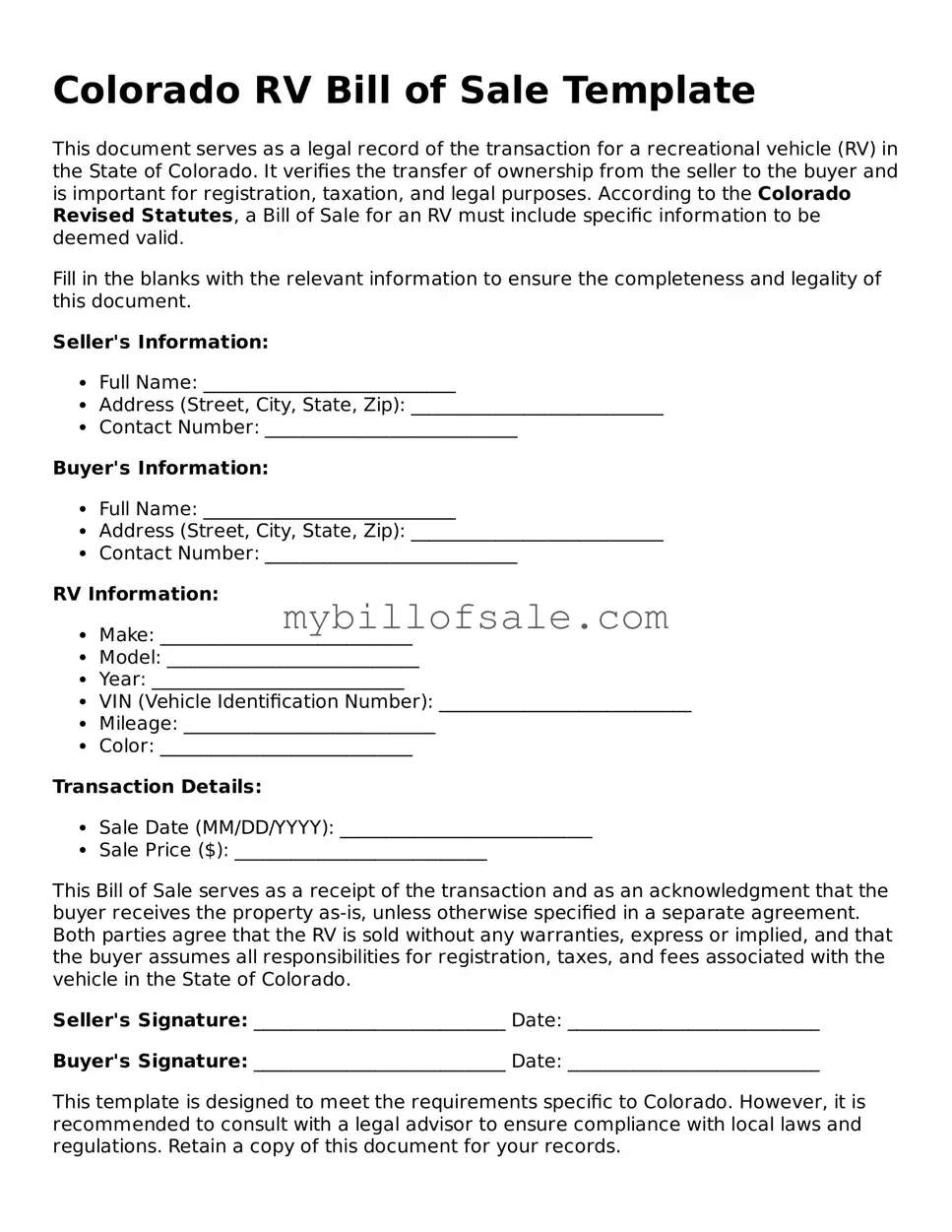 Official Colorado RV Bill of Sale Template