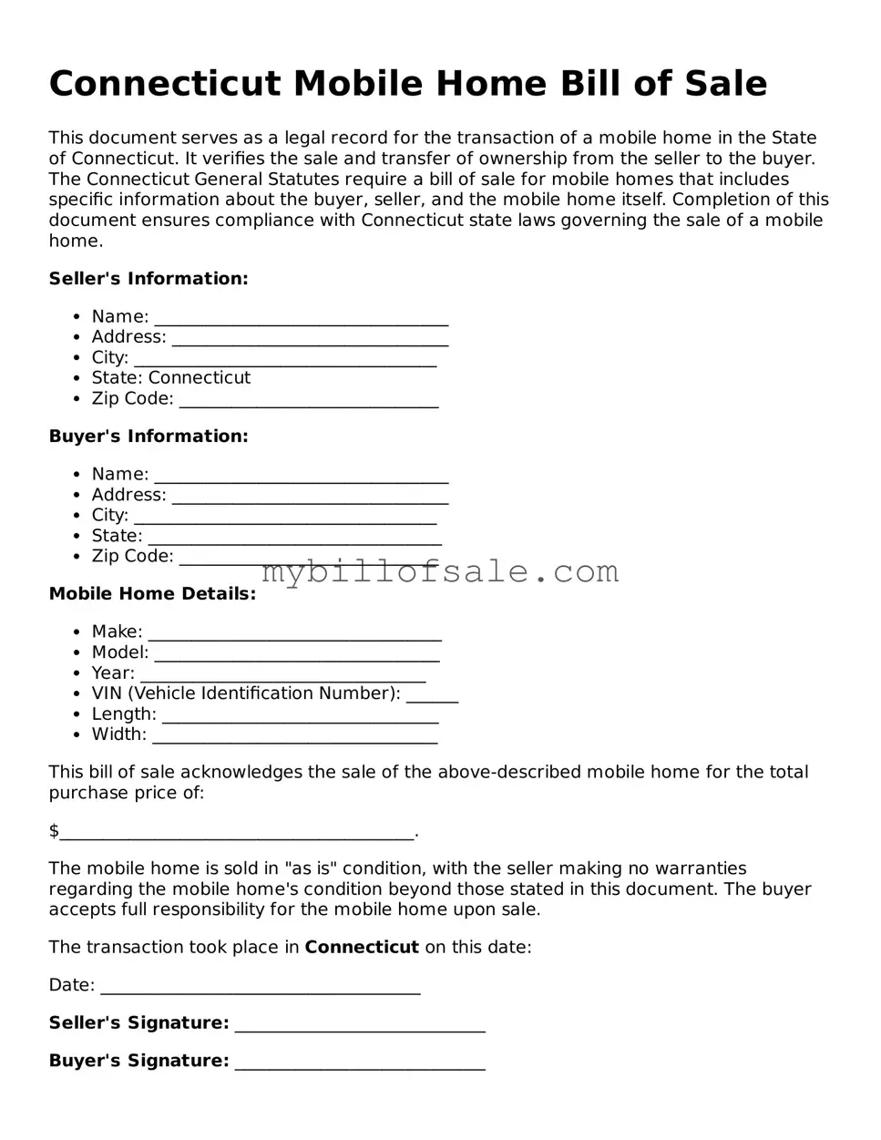 Official Connecticut Mobile Home Bill of Sale Template