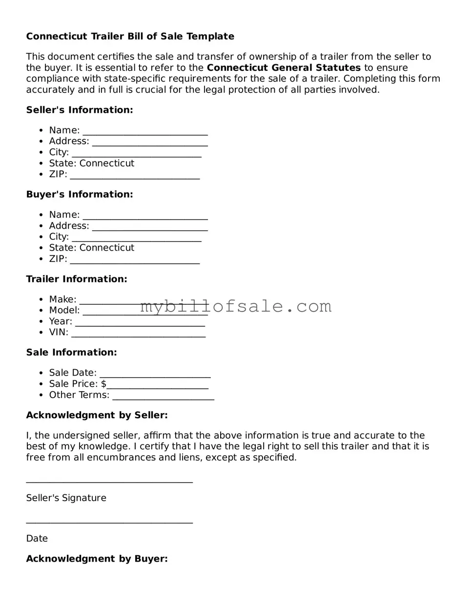 Official Connecticut Trailer Bill of Sale Template