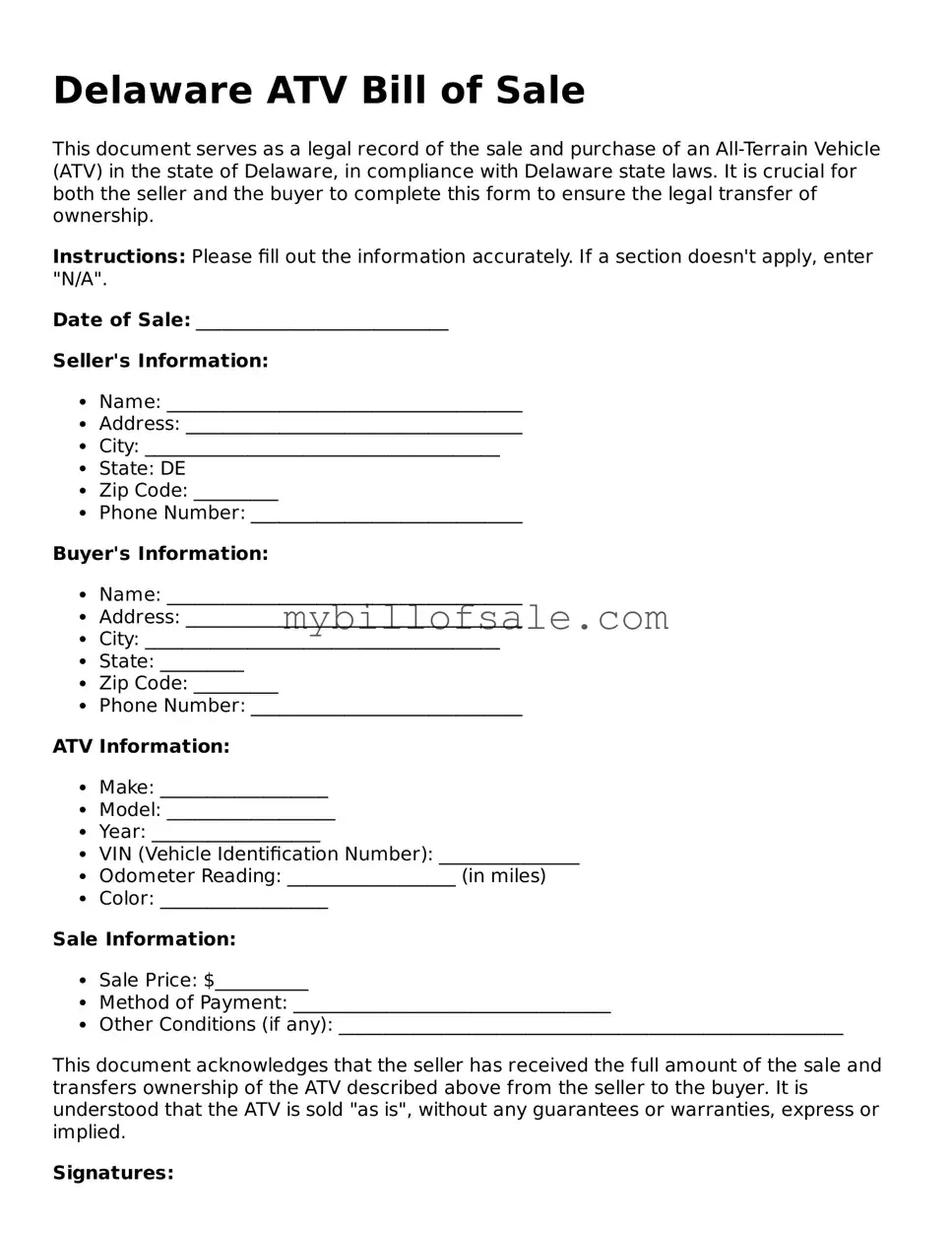 Official Delaware ATV Bill of Sale Template