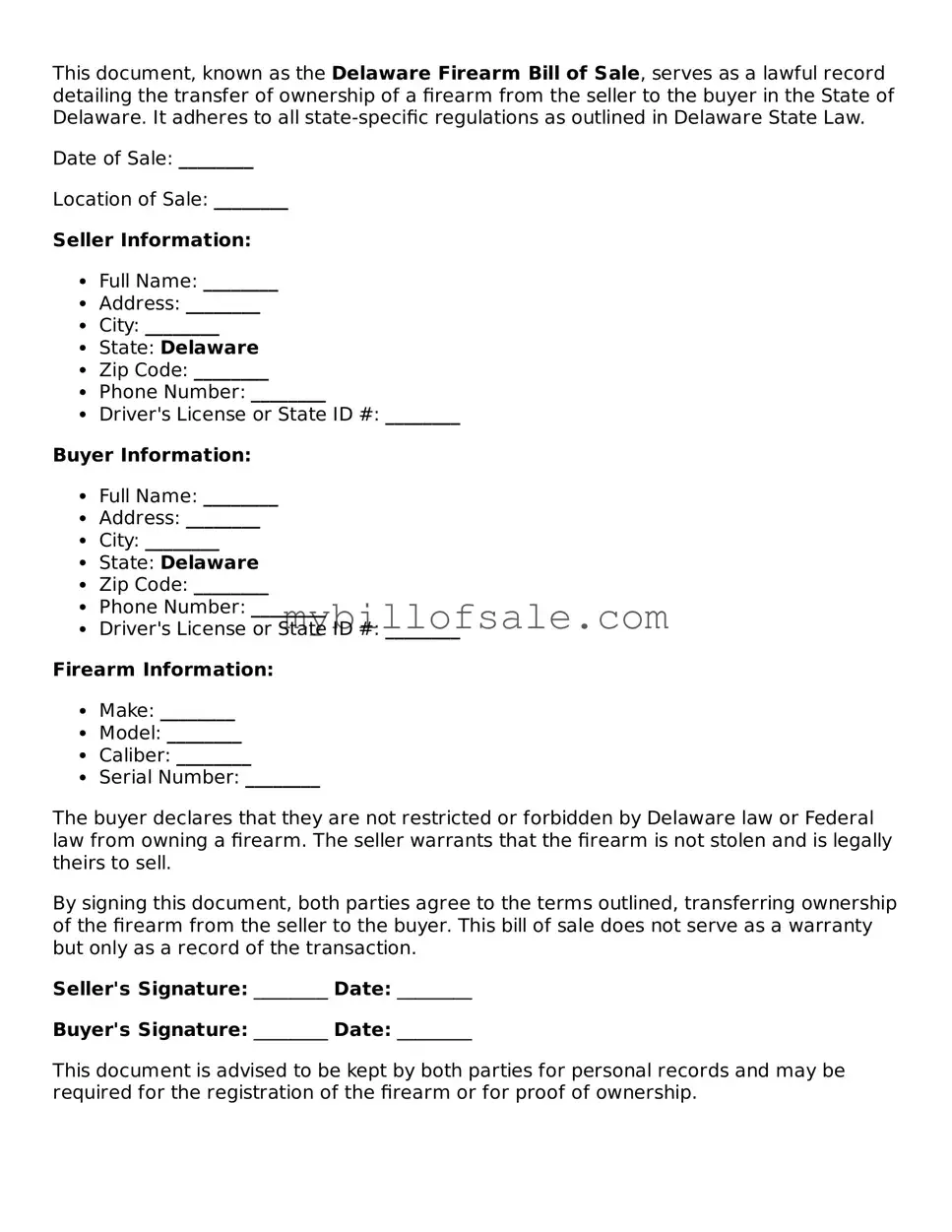 Official Delaware Firearm Bill of Sale Template