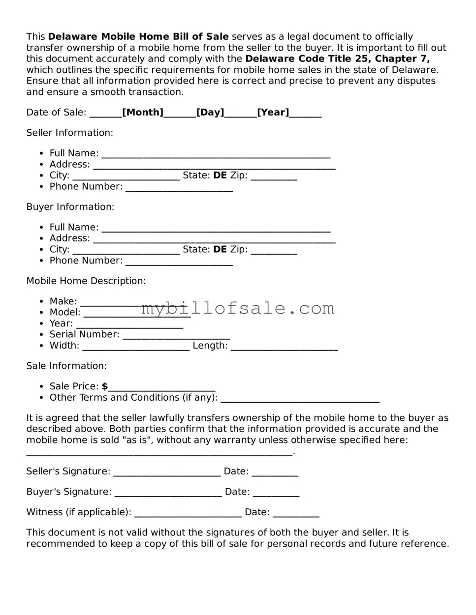 Official Delaware Mobile Home Bill of Sale Template