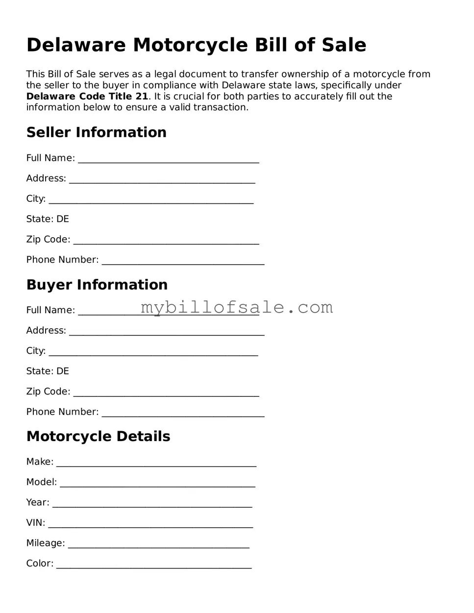 Official Delaware Motorcycle Bill of Sale Template
