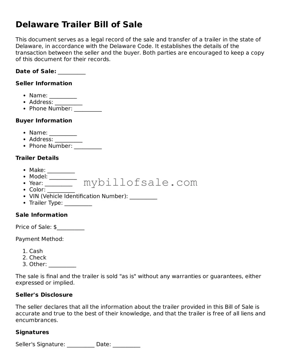 Official Delaware Trailer Bill of Sale Template