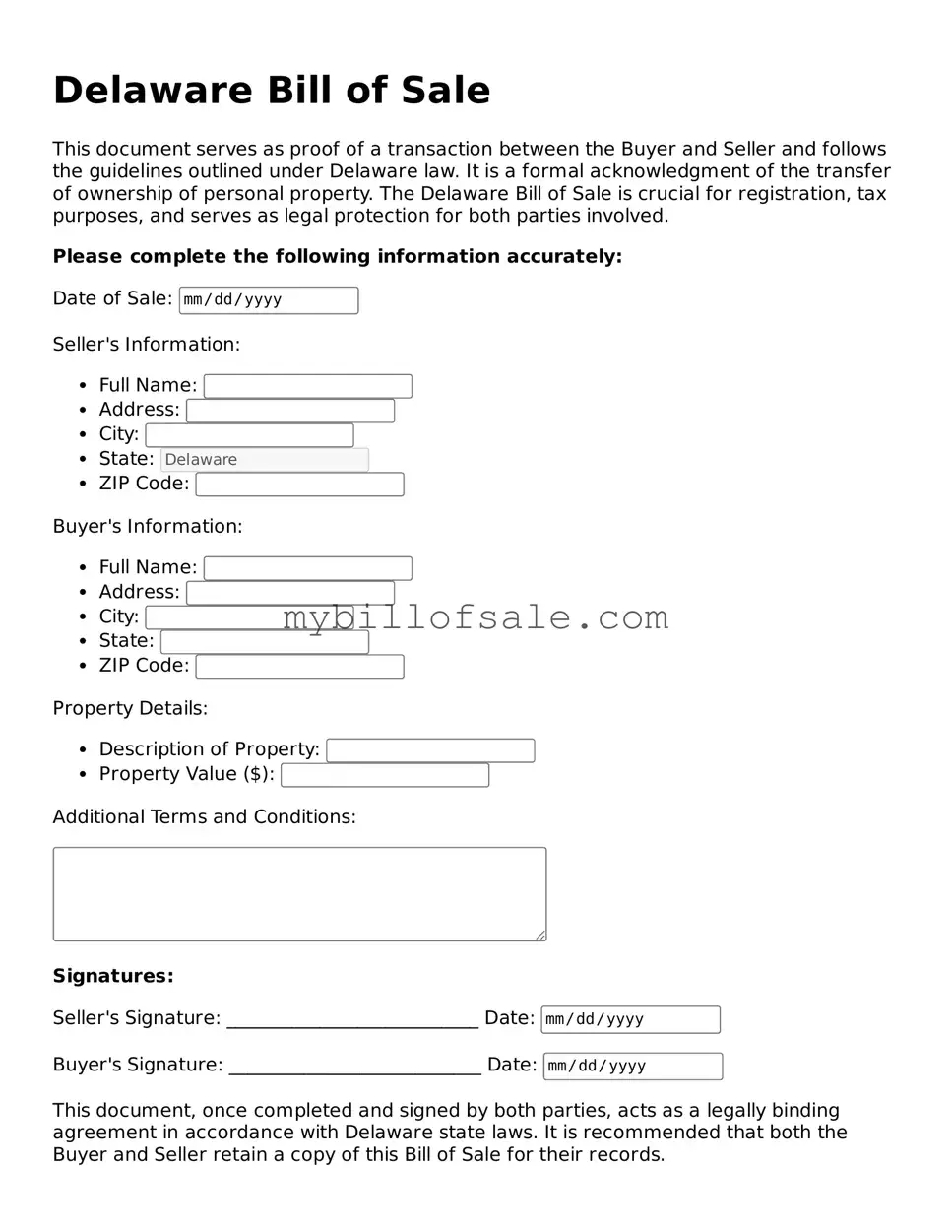 Official Delaware Bill of Sale Template