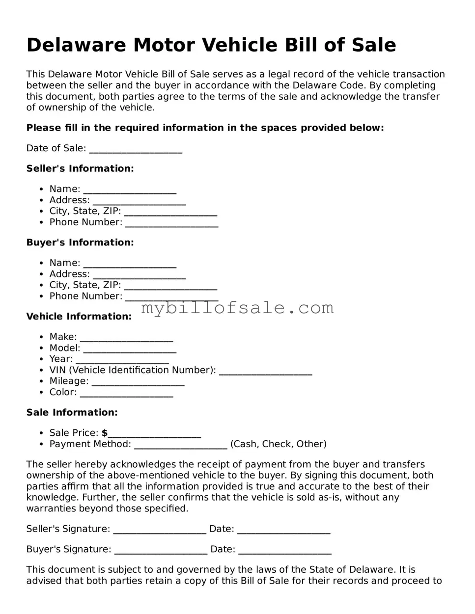 Official Delaware Motor Vehicle Bill of Sale Template