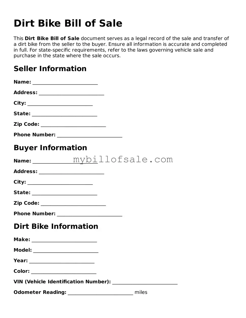 Blank Dirt Bike Bill of Sale Form