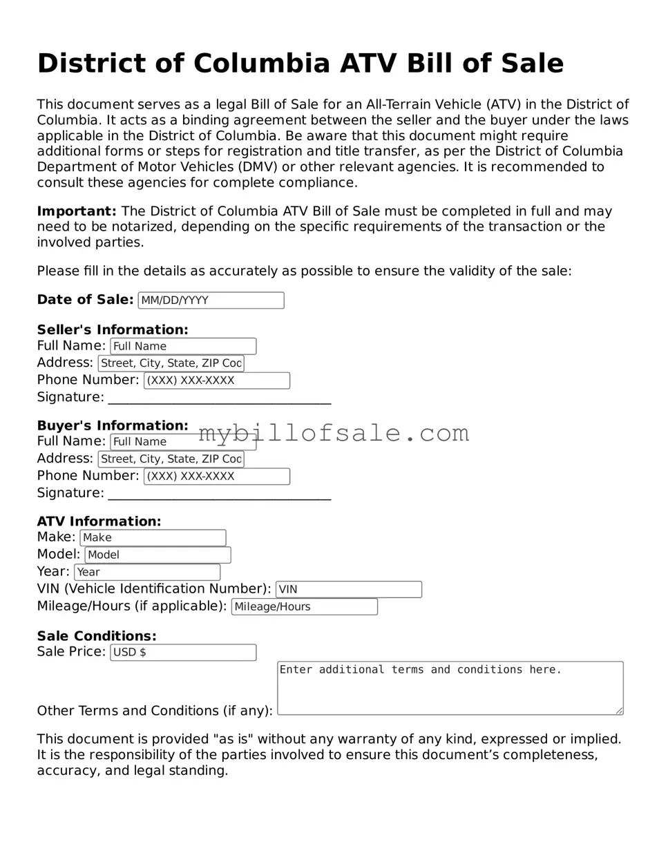 Official District of Columbia ATV Bill of Sale Template