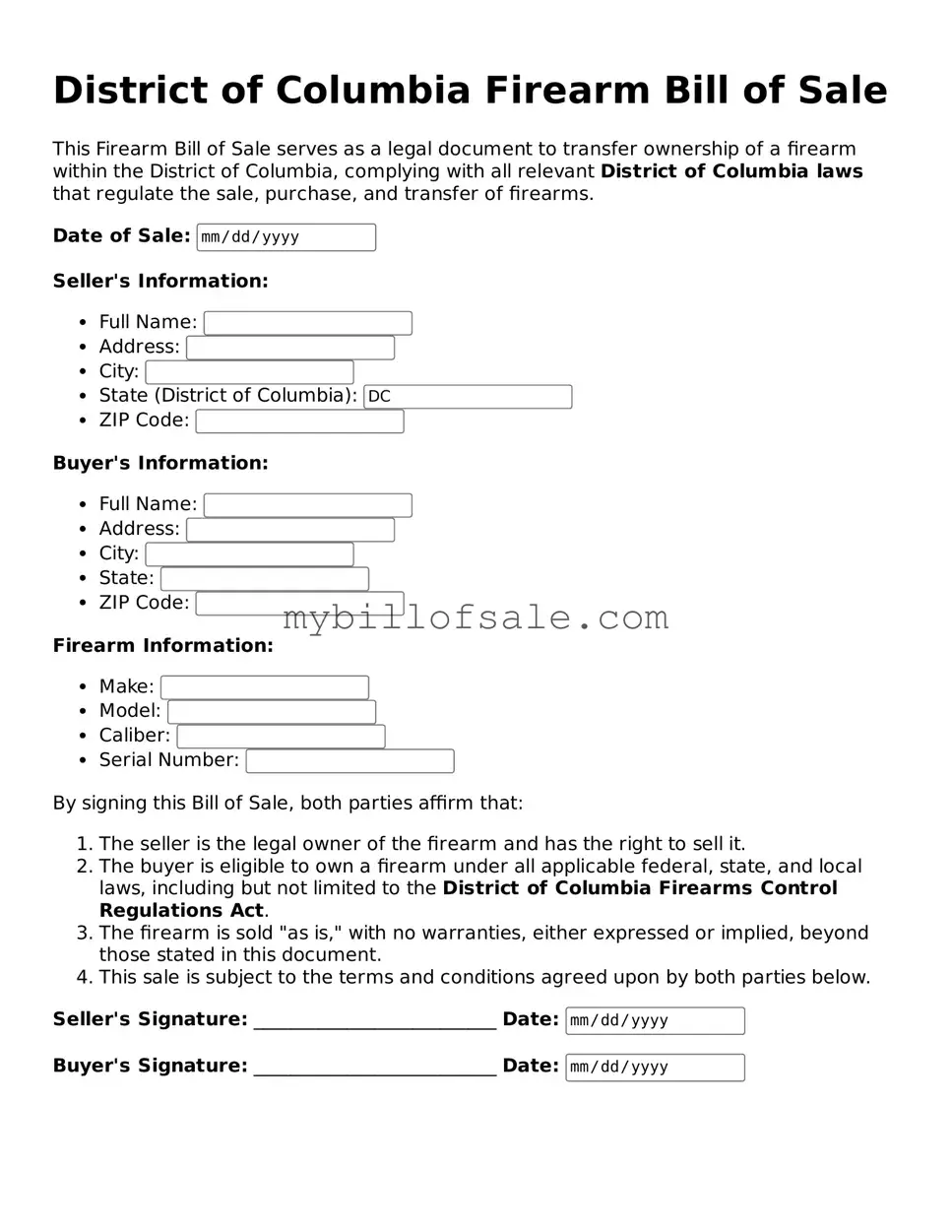 Official District of Columbia Firearm Bill of Sale Template