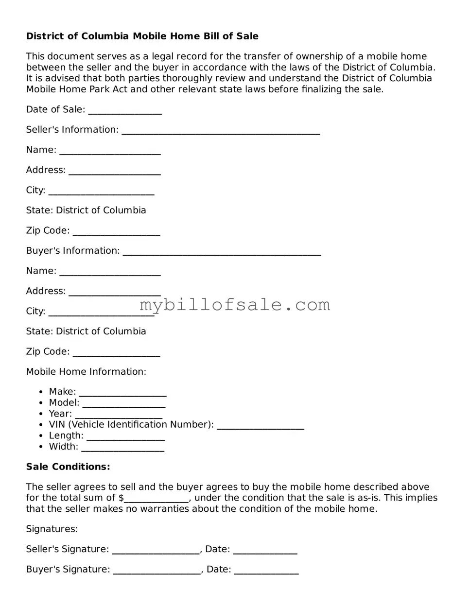 Official District of Columbia Mobile Home Bill of Sale Template
