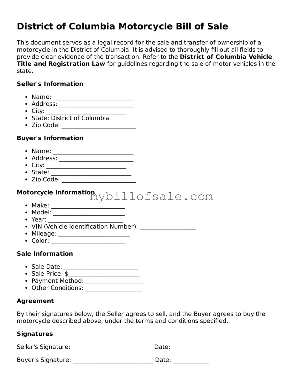 Official District of Columbia Motorcycle Bill of Sale Template