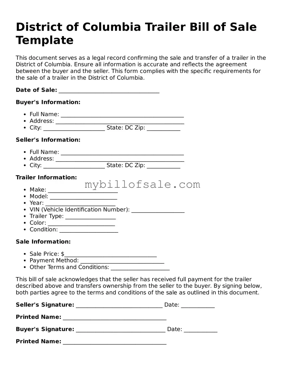 Official District of Columbia Trailer Bill of Sale Template