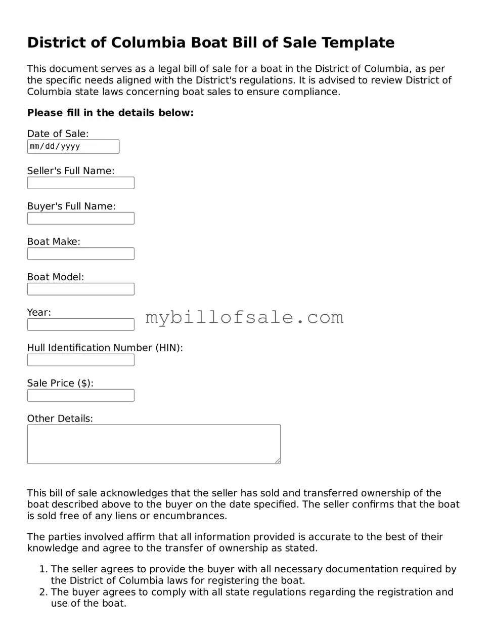 Official District of Columbia Boat Bill of Sale Template