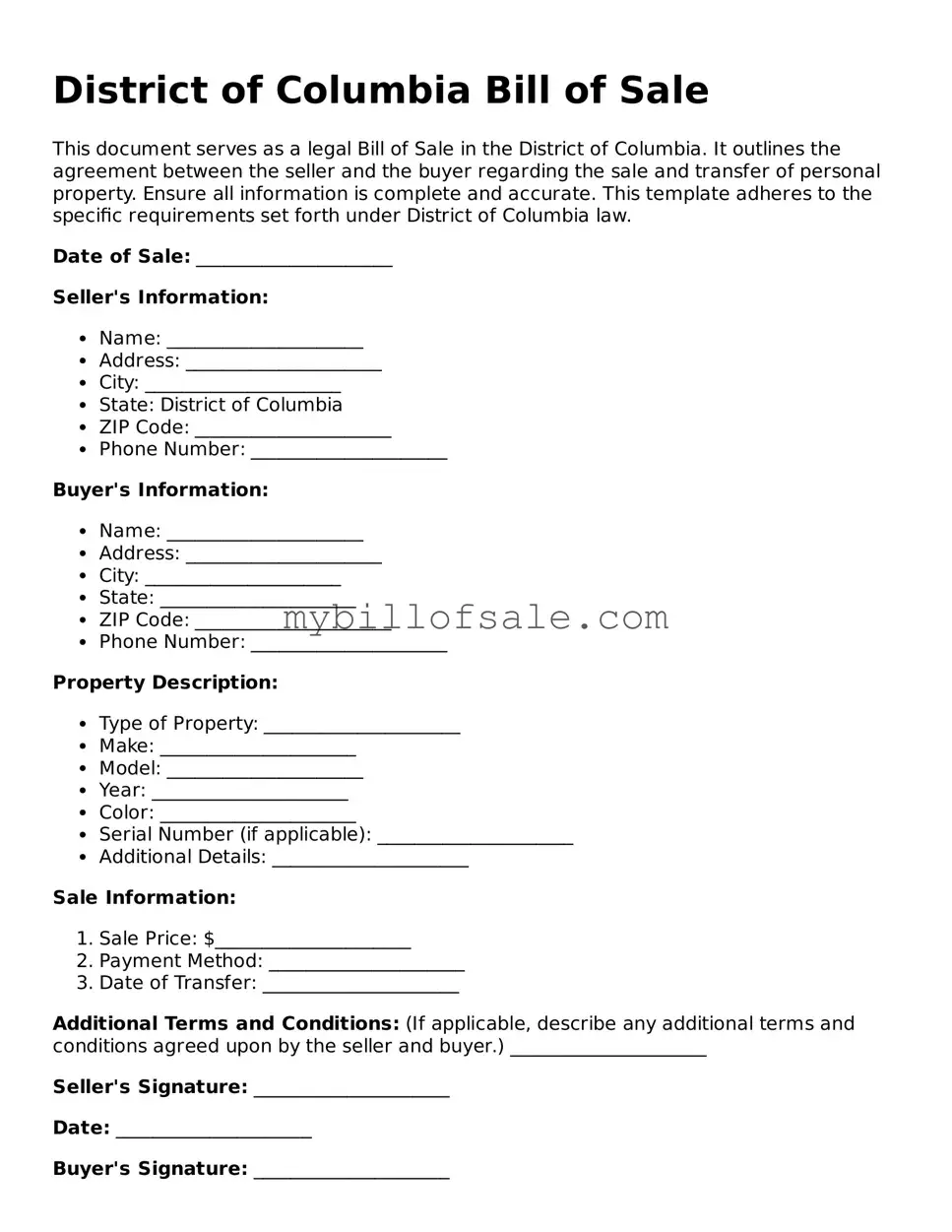 Official District of Columbia Bill of Sale Template