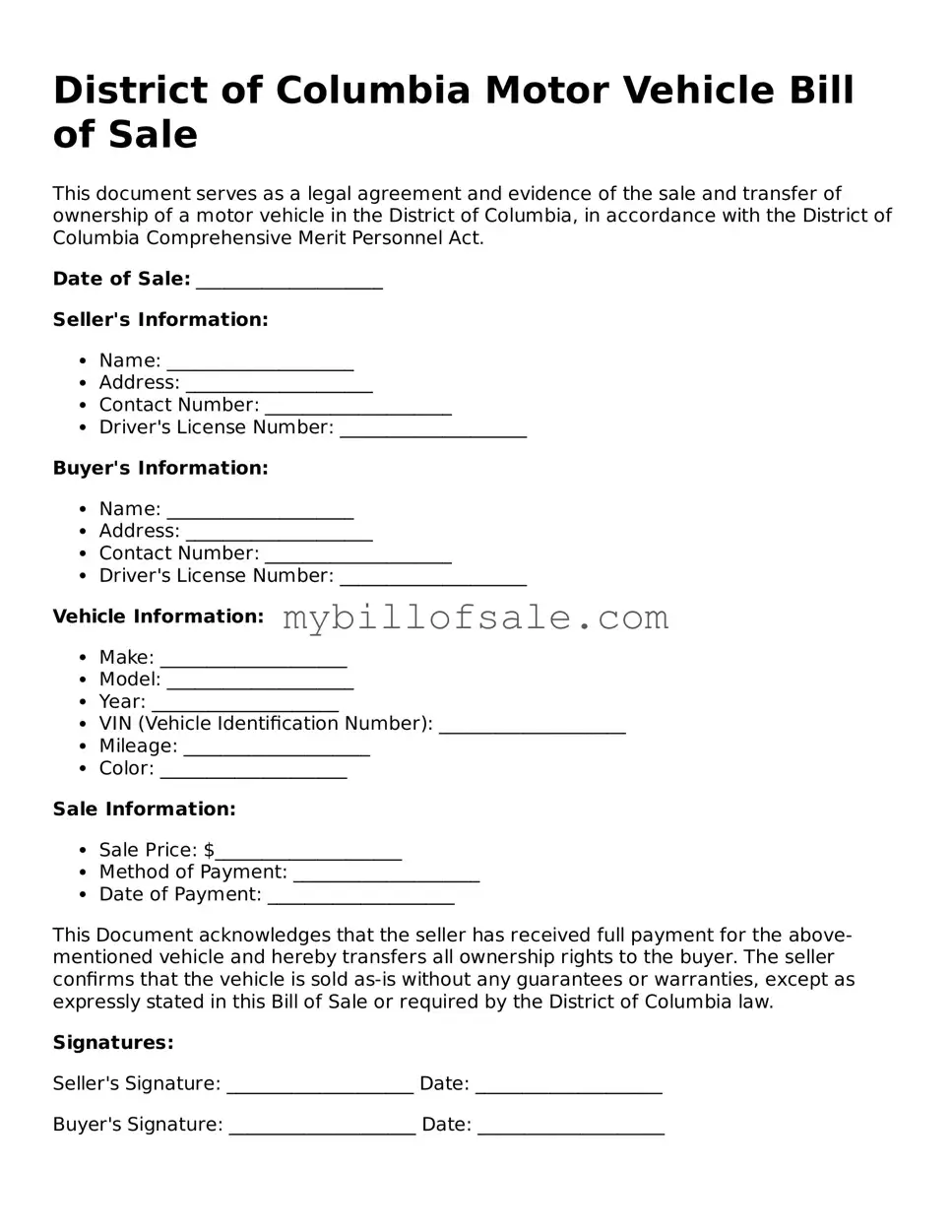 Official District of Columbia Motor Vehicle Bill of Sale Template