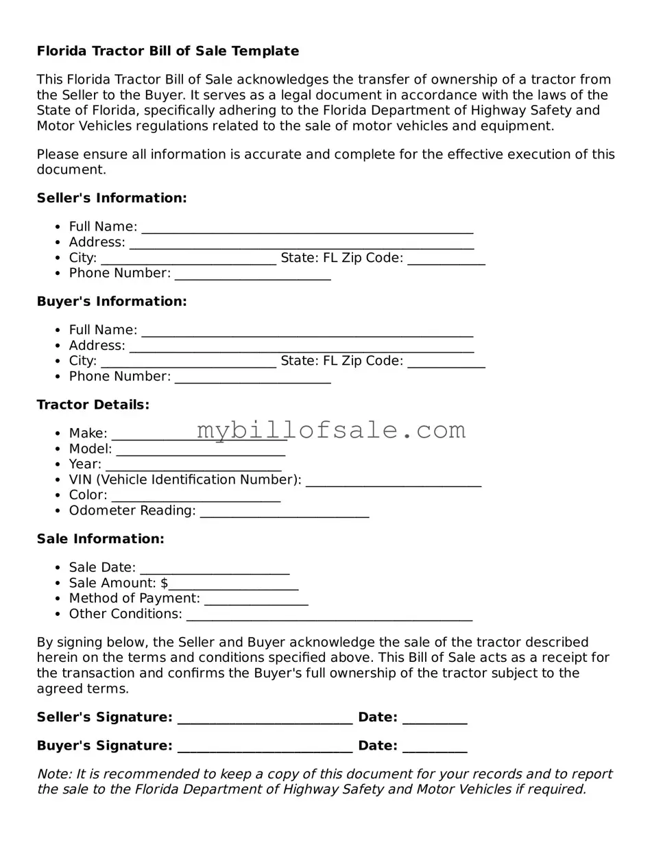 Official Florida Tractor Bill of Sale Template