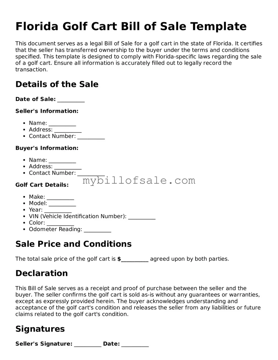 Official Florida Golf Cart Bill of Sale Template
