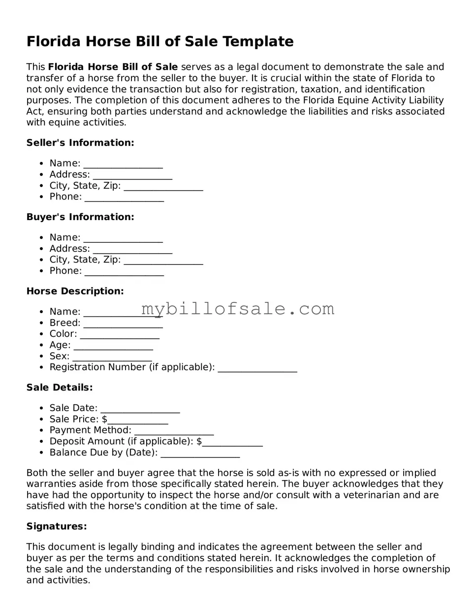 Official Florida Horse Bill of Sale Template