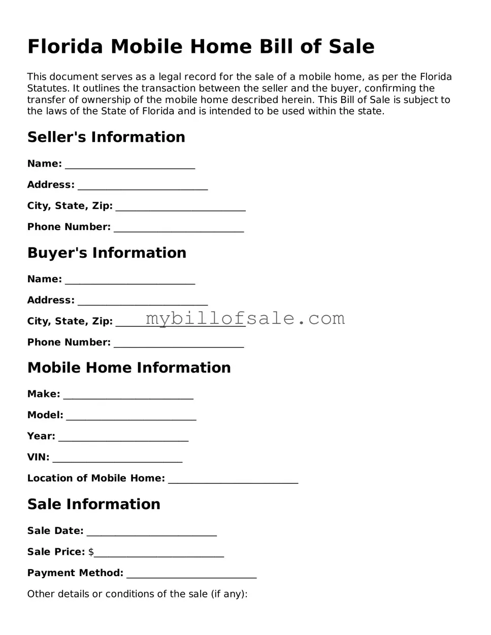 Official Florida Mobile Home Bill of Sale Template