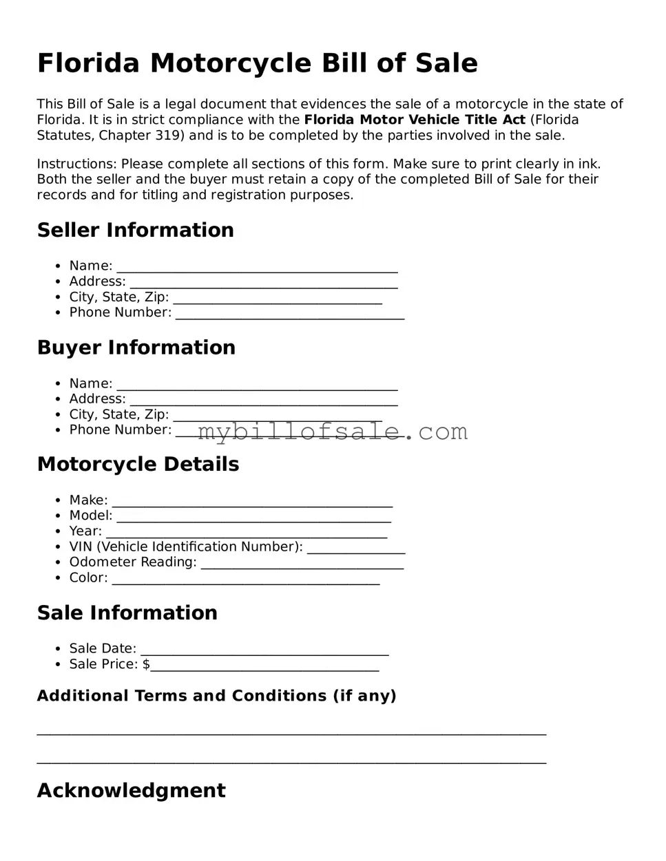 Official Florida Motorcycle Bill of Sale Template