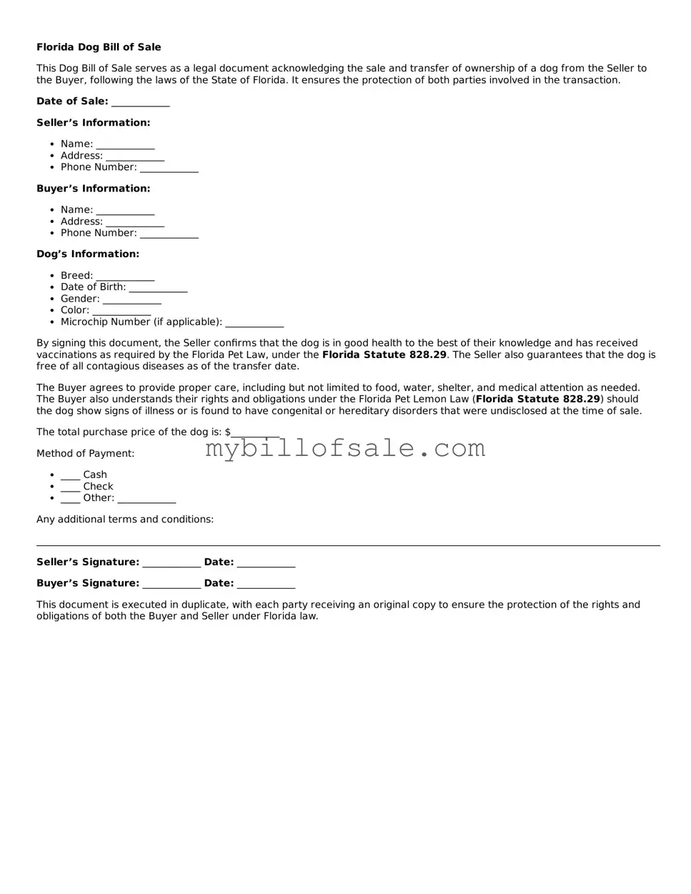 Official Florida Dog Bill of Sale Template