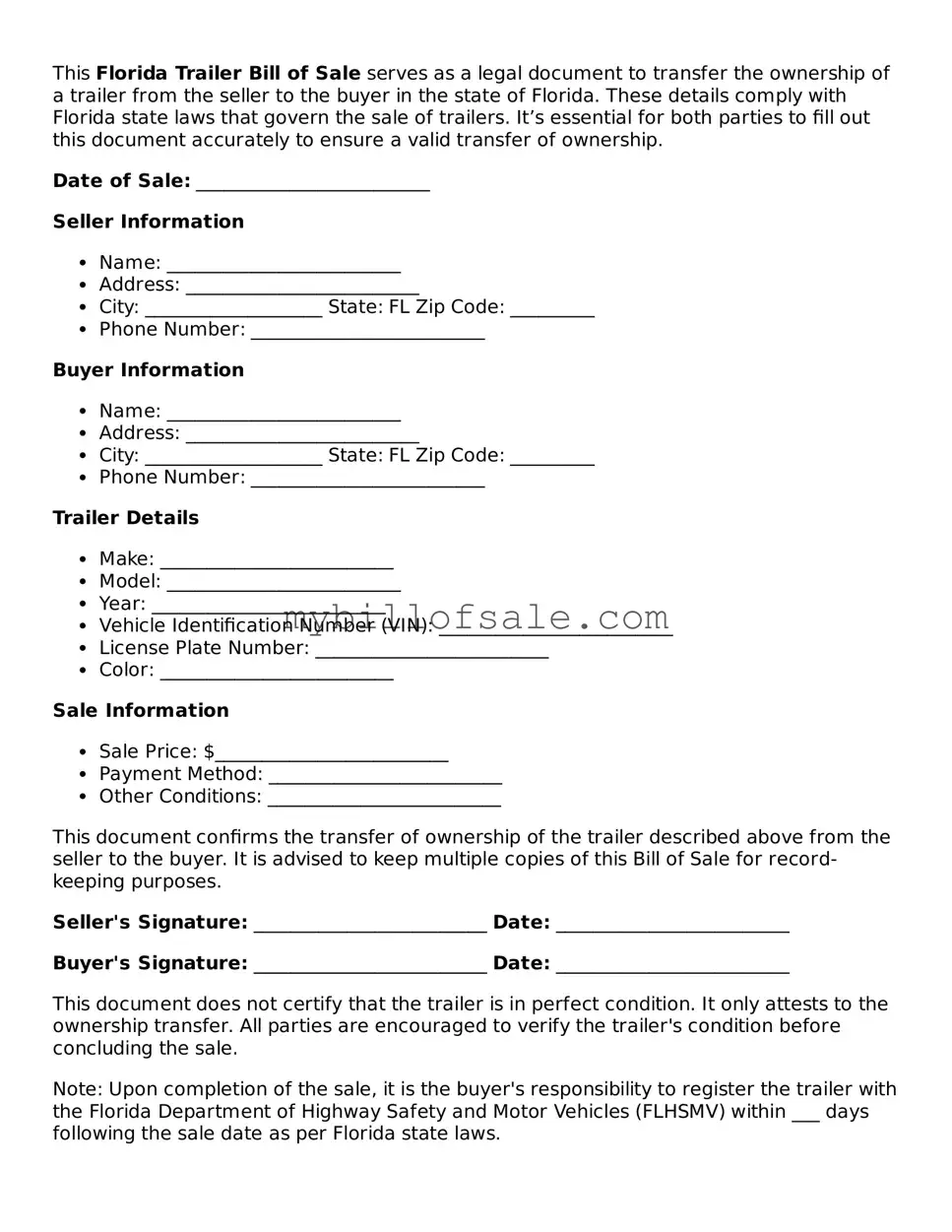 Official Florida Trailer Bill of Sale Template