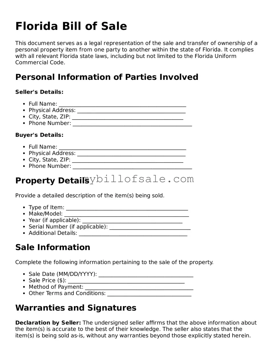 Official Florida Bill of Sale Template