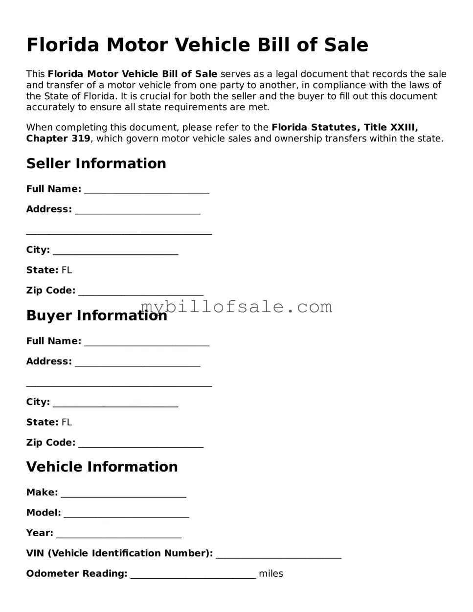 Official Florida Motor Vehicle Bill of Sale Template