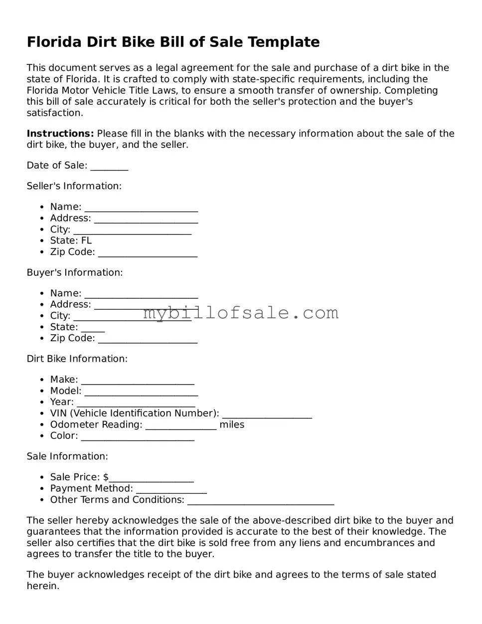 Official Florida Dirt Bike Bill of Sale Template