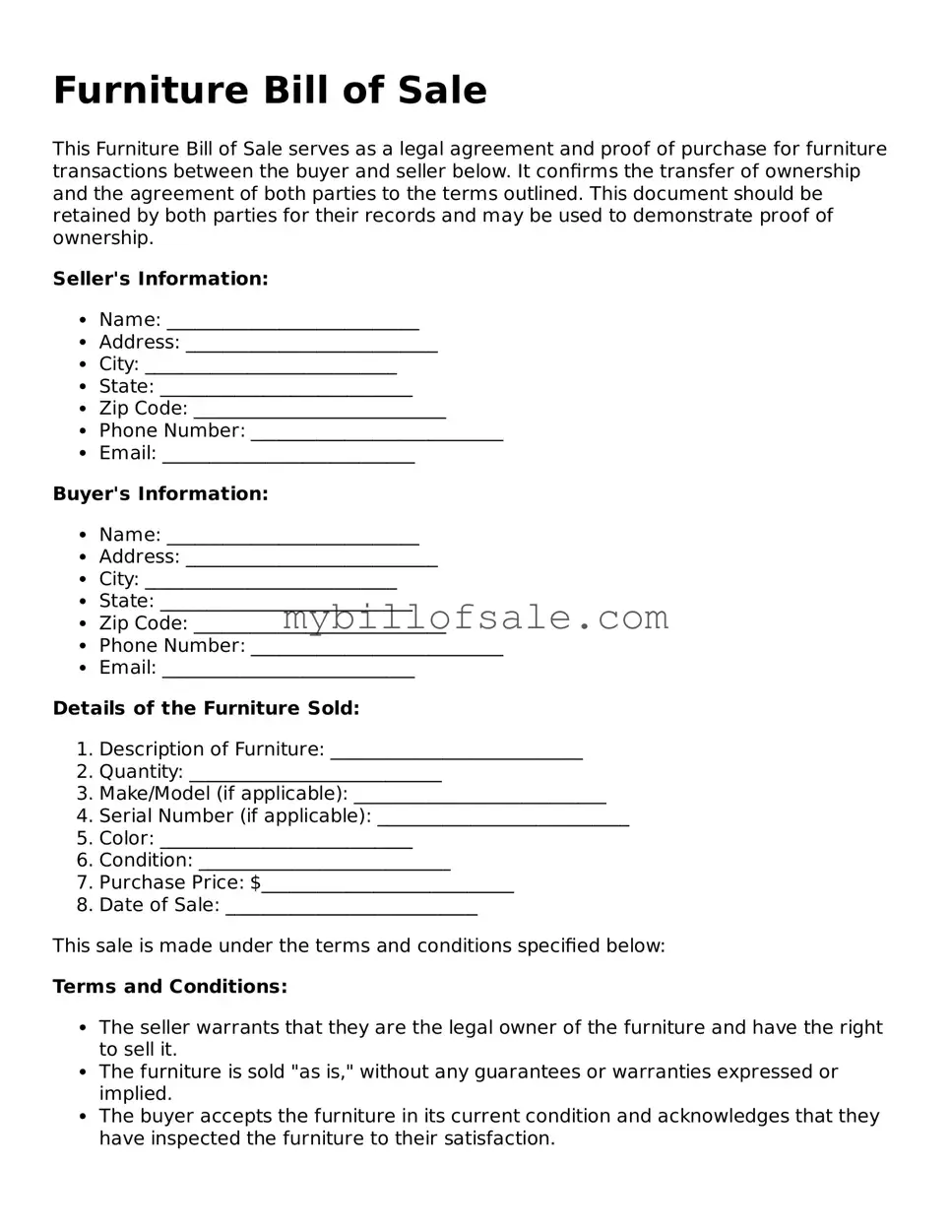 Blank Furniture Bill of Sale Form