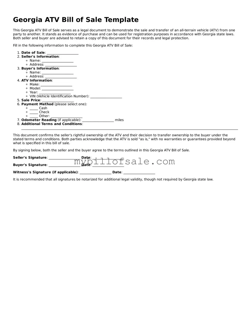 Official Georgia ATV Bill of Sale Template
