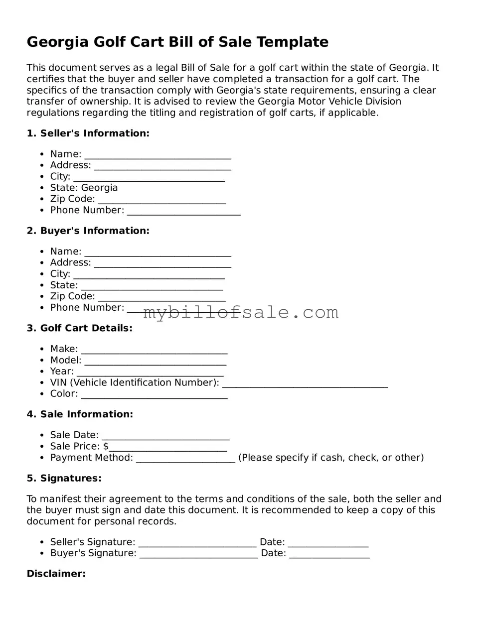 Official Georgia Golf Cart Bill of Sale Template
