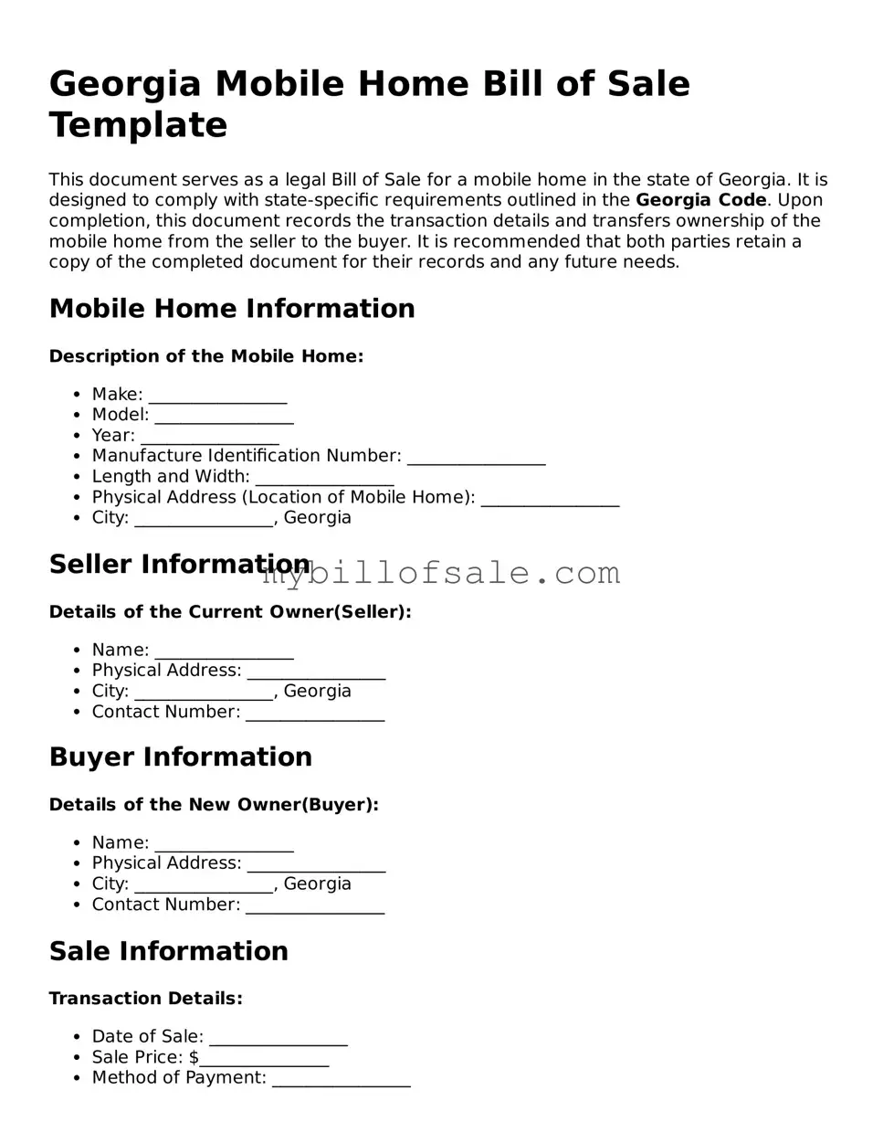Official Georgia Mobile Home Bill of Sale Template