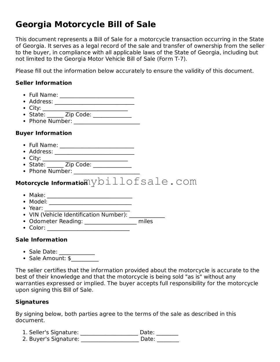 Official Georgia Motorcycle Bill of Sale Template