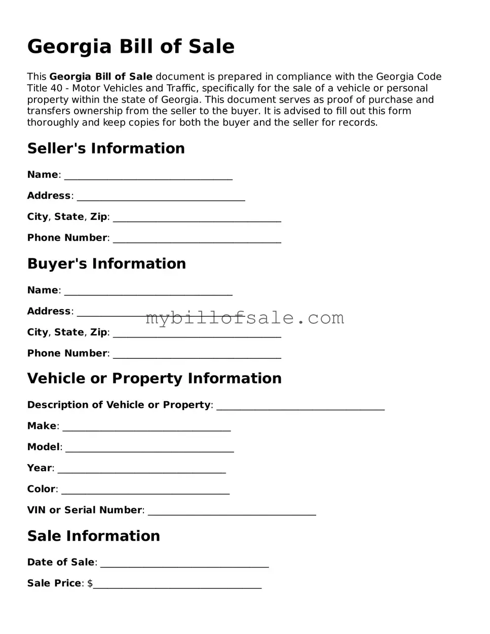 Official Georgia Bill of Sale Template