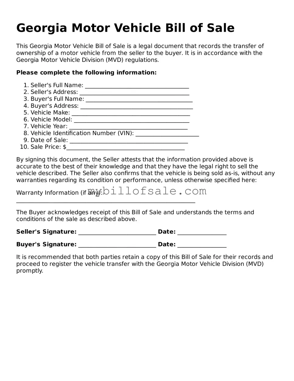 Official Georgia Motor Vehicle Bill of Sale Template
