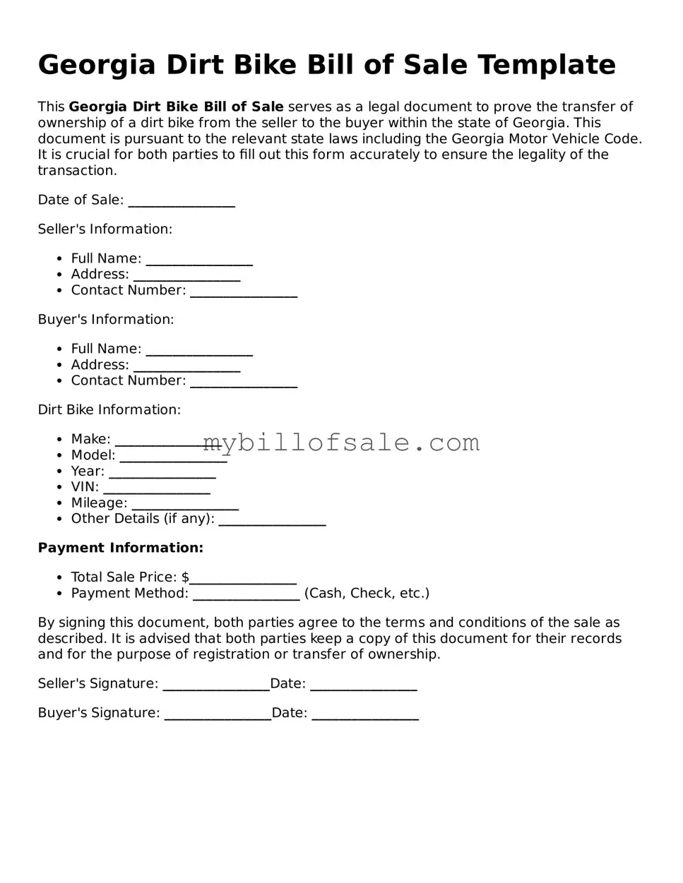Official Georgia Dirt Bike Bill of Sale Template