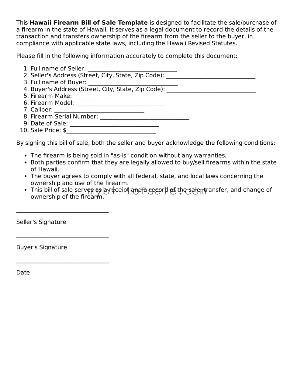 Official Hawaii Firearm Bill of Sale Template
