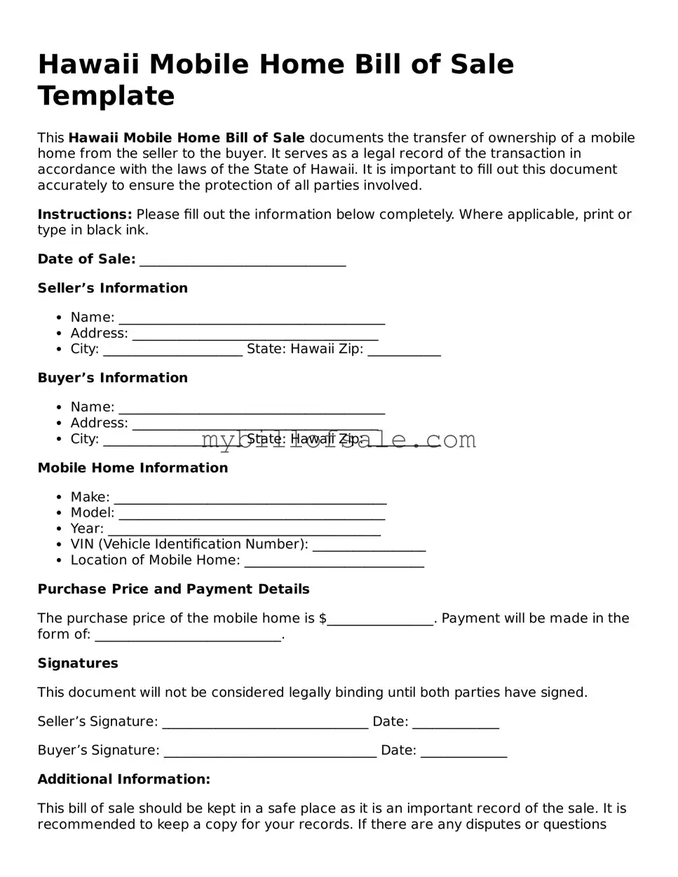 Official Hawaii Mobile Home Bill of Sale Template